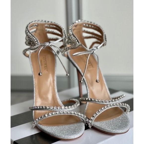 Aquazzura Luminous 105 mm Silver Leather Crystal-Embellished Sandals / Heels - Picture 15 of 17